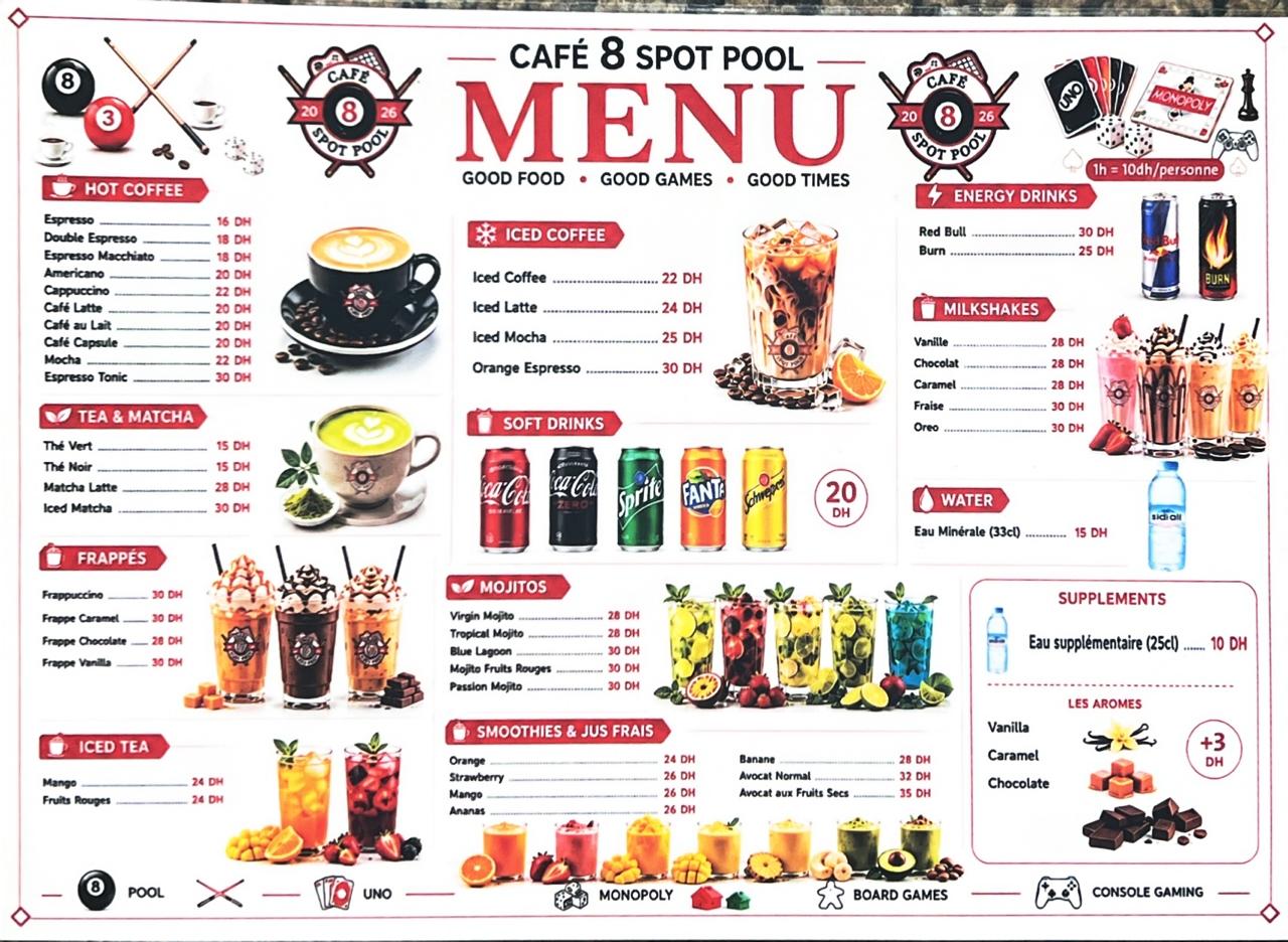 Menu boissons : café, thé, frappés, smoothies et mojitos