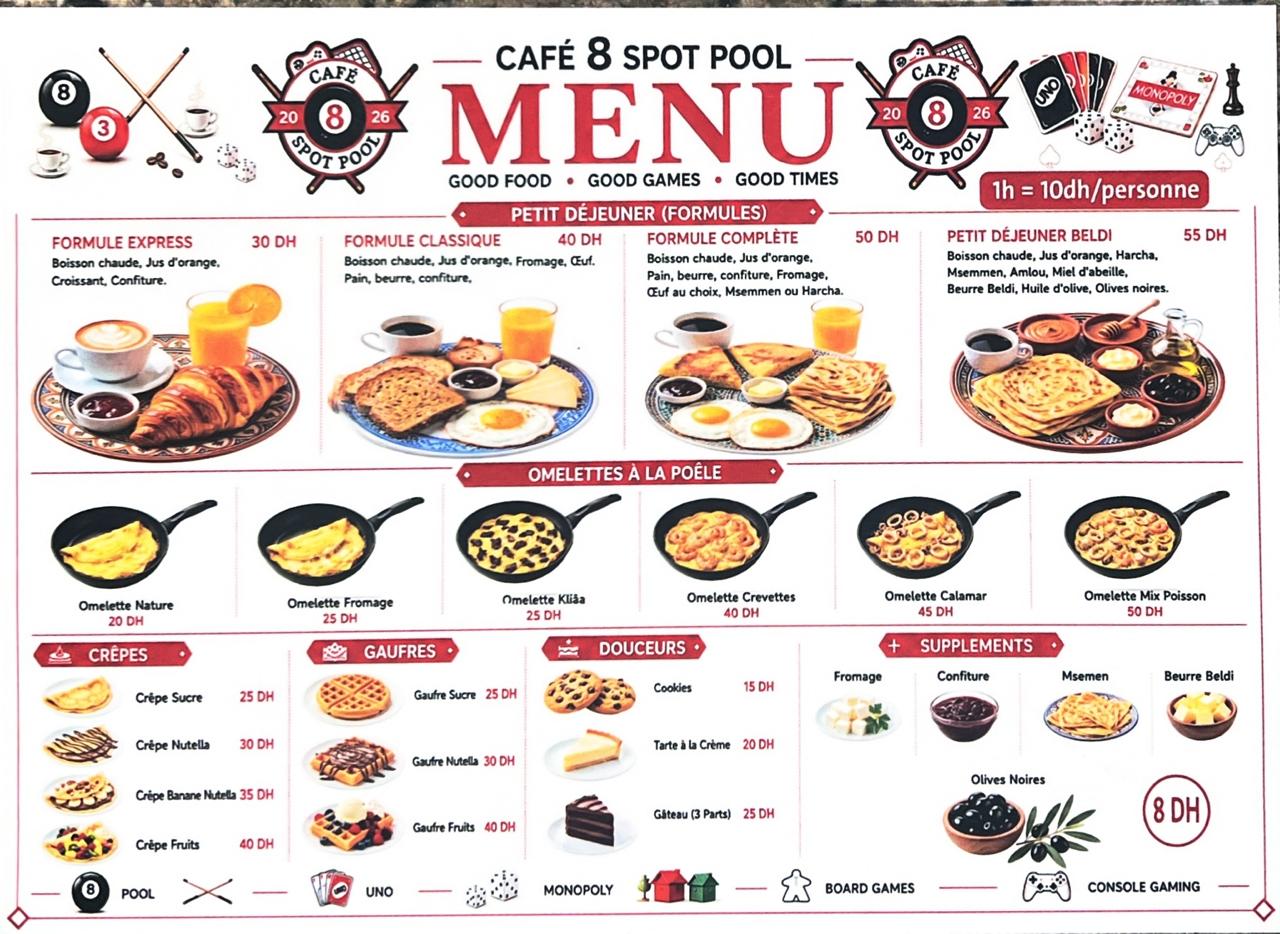Menu food : petits-déjeuners, omelettes, crêpes, gaufres et douceurs
