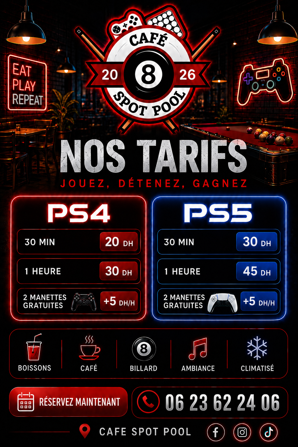 Affiche tarifs PS4 et PS5, Café Spot Pool